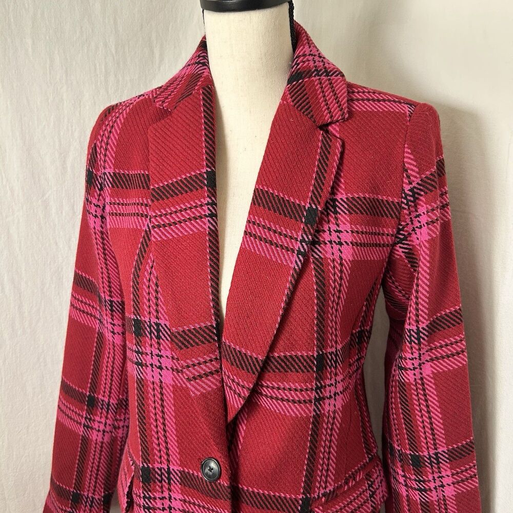 NINE WEST Red Pink Black Plaid Blazer Jacket Notch Collar Office Workwear XS - Picture 9 of 13